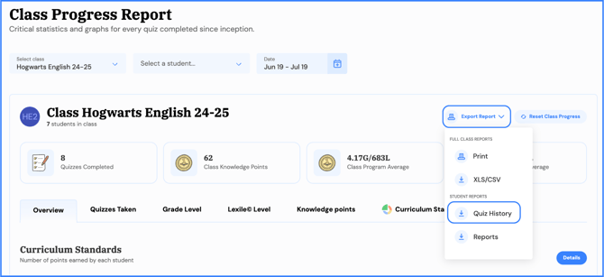 class report print quiz history