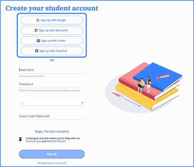 sign up screen student SSO