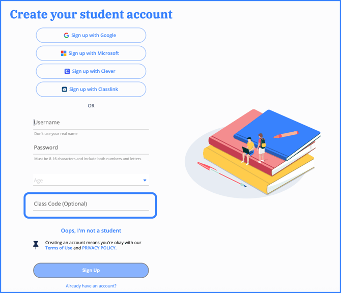 sign up screen student class code