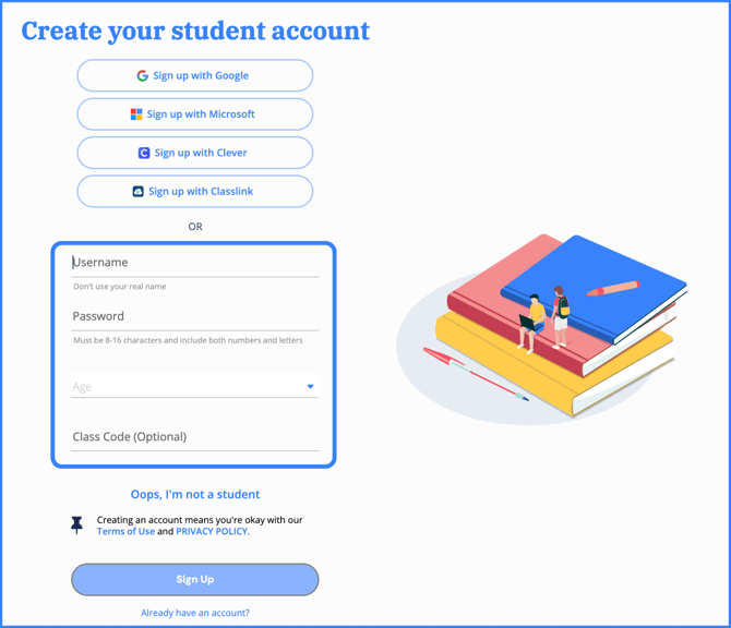 sign up screen student own username