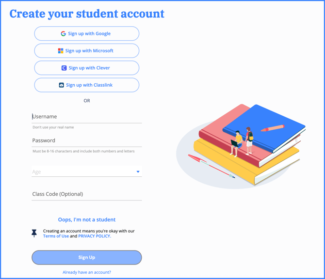 sign up screen student